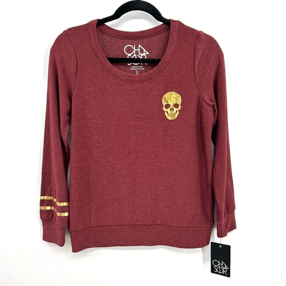 NWT CHASER Red Burgundy Gold Metallic Skull Super Soft Crew Neck Sweater Small